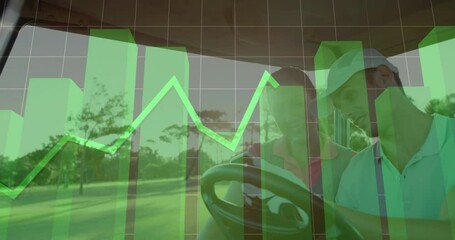 two golf partners riding golf cart, displaying green bar chart and finance line graph overlay - Powered by Adobe