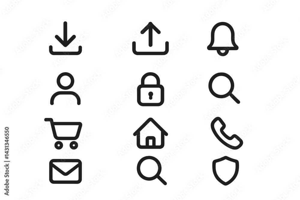 Poster Icon set featuring various symbols for actions and notifications in a minimalist design