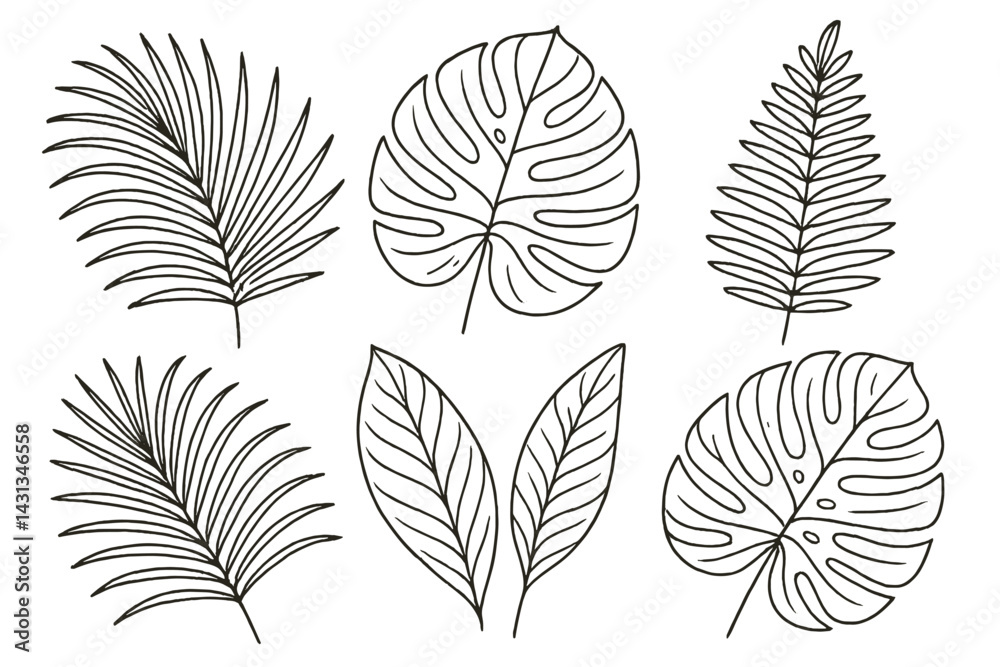 Poster stylized line art icon set featuring various tropical leaves in a minimalist design suitable for nat