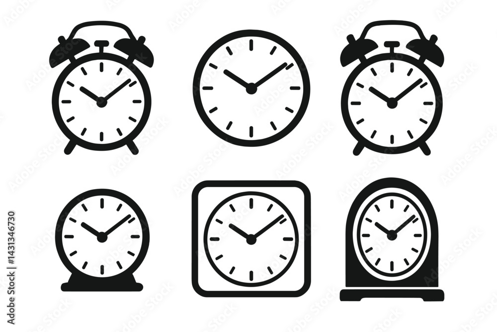 Poster Collection of various alarm clock icons showcasing different styles and designs in a minimalist layout
