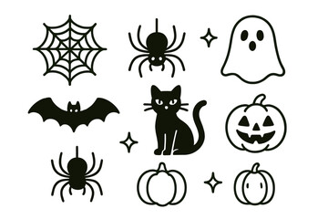 Icon set featuring Halloween-themed illustrations including spider, bat, ghost, cat, and pumpkin in a playful design