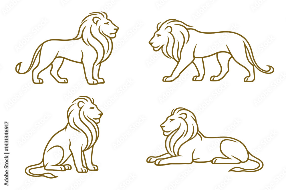 Poster Icon set depicting different poses of lions in a minimalist style for various design applications