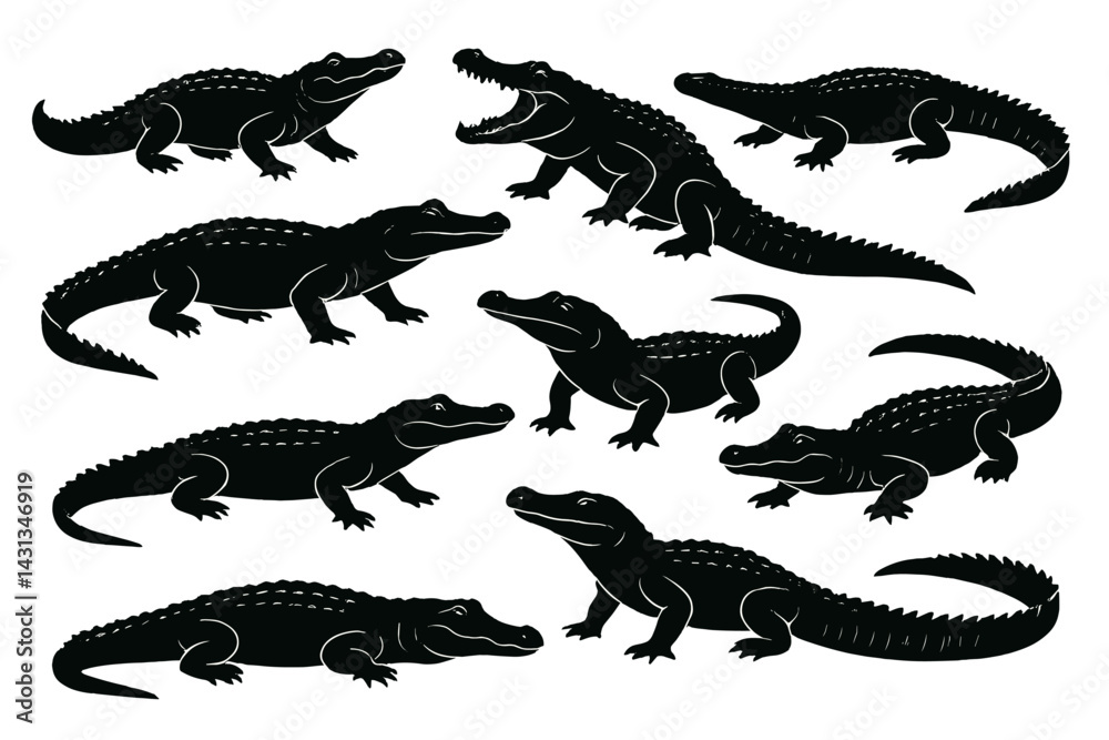 Poster Icon set featuring various silhouettes of crocodiles arranged in multiple positions and angles