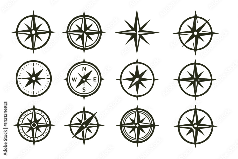 Poster Collection of compass icons designed for navigation and cartographic applications in various styles
