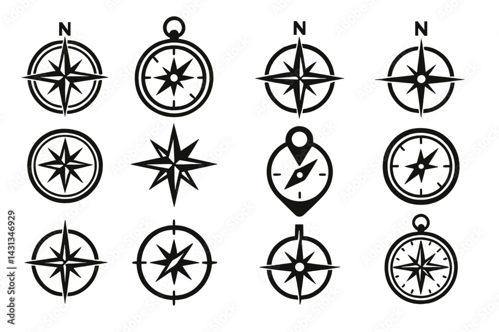 Poster Collection of various compass and navigation icons designed for digital use and web applications