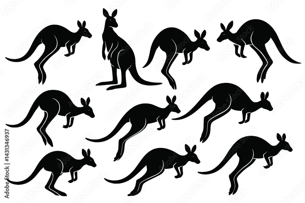 Aufkleber kangaroo icon set featuring various poses and stances in a minimalist black design