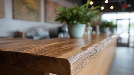cozy coffee shop interior with raw wood counter and potted plants