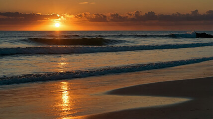 Fototapeta premium Golden sunset paints the ocean horizon with orange and red hues as waves meet the sandy beach