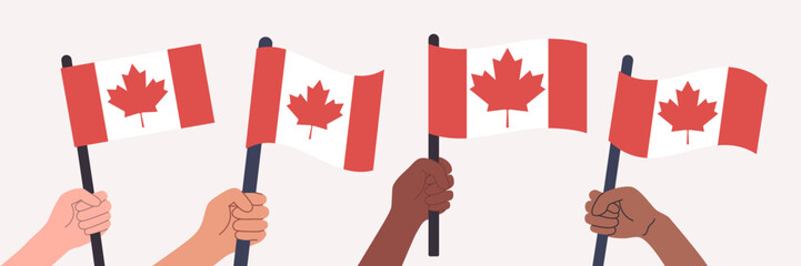 People of different races hand raising flags of Canada with red maple leaf. Poster for national independence Canada day. Vector Illustration
