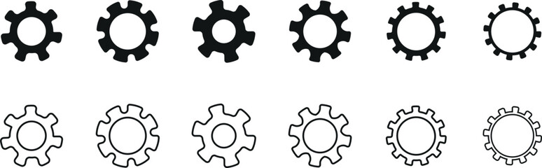 Minimalist Silhouette Gear and Cogwheel Icon Set or Minimal Mechanical Vector on White Background