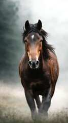 Fototapeta premium Majestic brown horse running through misty forest at dawn showcasing strength and grace