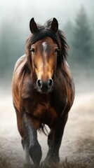 Obraz premium Majestic brown horse trots confidently through a misty forest clearing at dawn