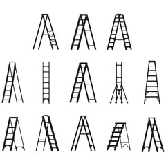 Collection of metal ladders. Different types of stepladders. Flat Vector Black silhouettes. with white background © firoz