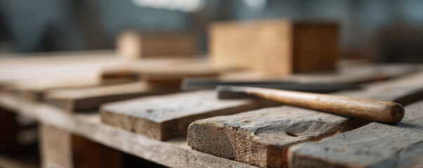 Wooden pallets and chisel in workshop setting