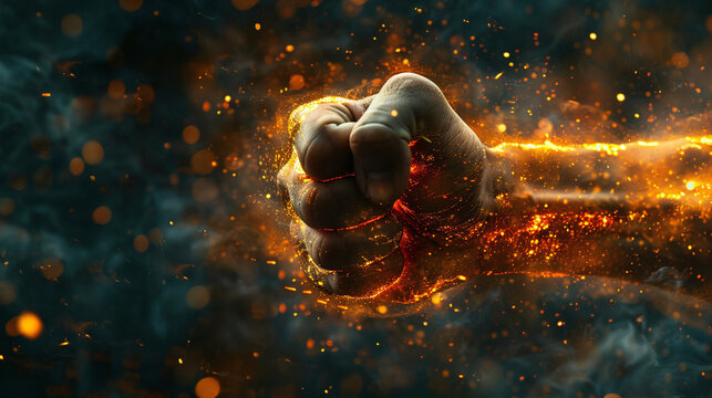 A dramatic workout image of a clenched fist breaking through a fiery background, conveying the strength, power, and intensity of competitive training