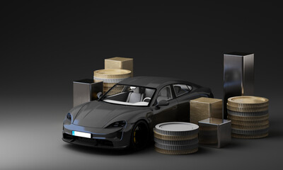 Coins and gold blocks surround a luxury vehicle, symbolizing financial planning, cost considerations, and wealth-driven car purchases. 3d rendering.