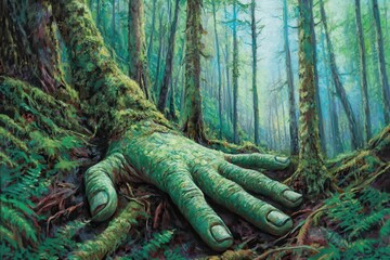 Giant hand emerging from forest floor. Lush green trees and moss