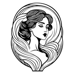 Elegant monochrome portrait of a woman with flowing hair and ornate frame