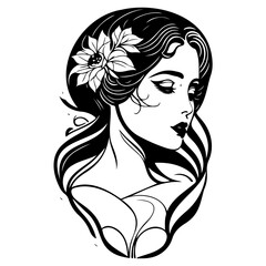 Monochrome vector portrait of a woman with flower intricate hairstyle