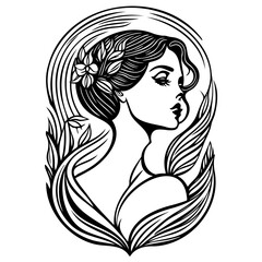 Monochrome stylized woman portrait with floral and organic elements art