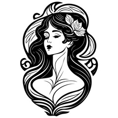 Elegant portrait of a woman with floral decoration, vintage style illustration