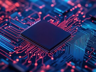 A close-up of a computer chip on a circuit board, featuring vibrant blue and red lines and intricate patterns, highlighting advanced technology.