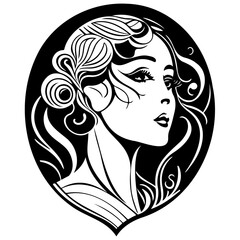 Elegant portrayal of a woman with elaborate hairstyle in monochromatic style