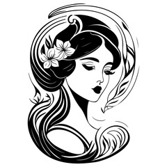 Stylized portrait of a woman with floral adornments and flowing lines in monochrome