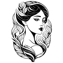 Elegant monochrome portrait displaying a woman surrounded by floral motifs