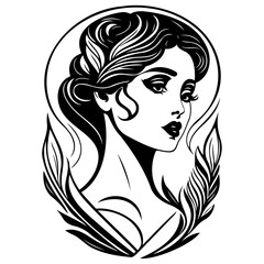 Elegant monochrome portrait of a woman with flowing hair and leaf accents