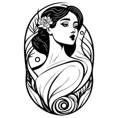 Elegant woman portrait framed by botanical elements in black and white linework