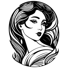 Elegant monochrome portrayal showcasing a woman with flowing tresses and graceful expression