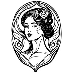 Elegant depiction of a stylized woman's portrait in an ornamental oval frame