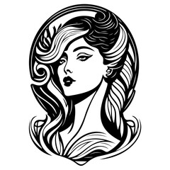 Elegant monochrome portrait of a woman with flowing hair and stylized frame