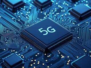 A close-up view of a 5G microchip on a circuit board, showcasing intricate connections and a futuristic style.
