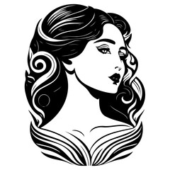 Elegant monochrome illustration of a woman with flowing hair and decorative design