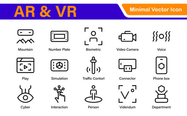 AR VR Line Icon Set – Minimal Vector Outline Illustrations for Augmented Reality, Virtual World, Futuristic Tech, Gaming, Metaverse, UX Design