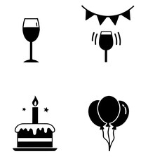 Naklejka premium Isolated black and white icons icon set, balloons, birthday cake with candles, wine glass, party-runner 