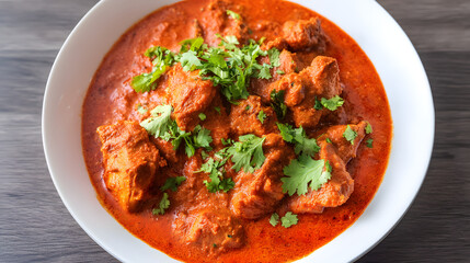 Tender Chicken Tikka Masala Garnished with Fresh Cilantro in a White Bowl on a Wooden Surface