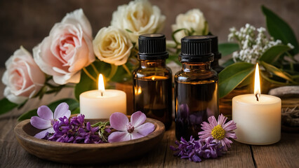 Aromatherapy beauty with candles, essential oil,  and purple rose offers natural spa relaxation