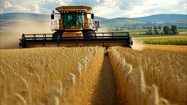 Seasonal wheat harvest by combine, concept of agricultural business, eco products

