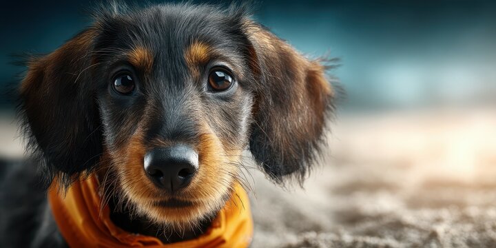 Dachshund puppy wearing an orange scarf, looking curiously at the camera on a sandy beach at sunset