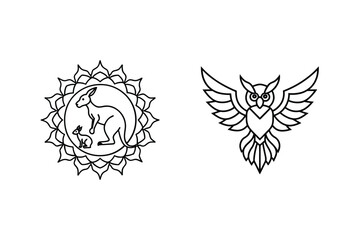 Kangaroo And Owl Black Line Drawing Animals Wildlife Graphic Illustration