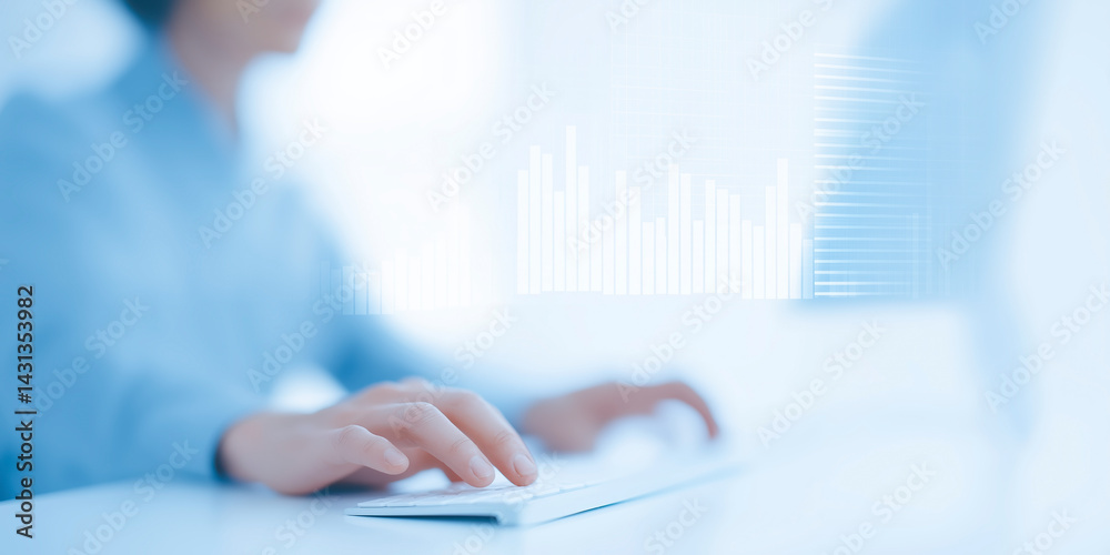 Poster professional hand using keyboard with digital data visualization on screen in modern office setting 