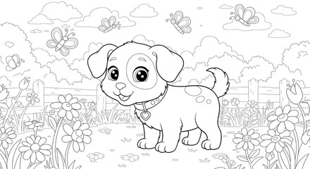 Happy Puppy in the Garden Again - Line Coloring Book
