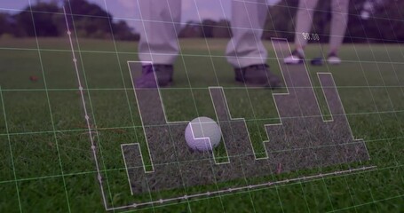 Couple measuring shot performance on golf green, showing translucent analytics grid and bar charts - Powered by Adobe