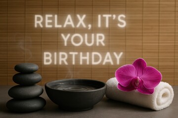 Relaxing birthday spa scene with orchid, stones, and towel