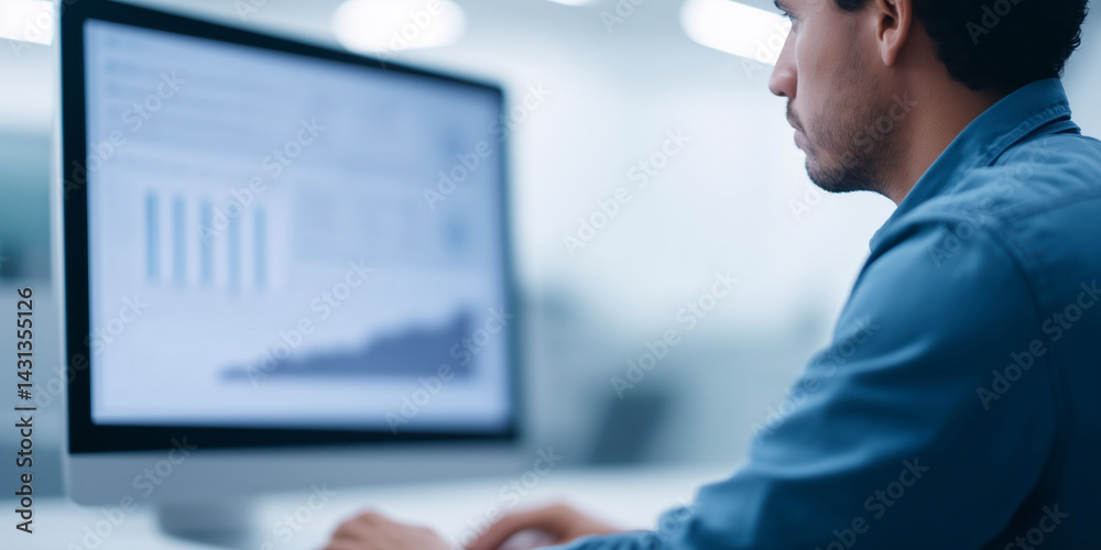 Poster professional man working on computer analyzing financial data and charts in modern office environmen