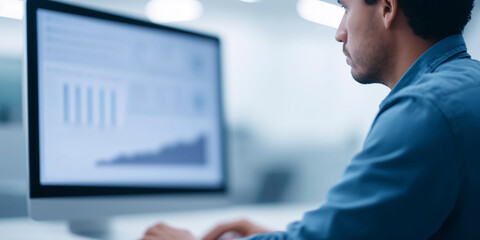 Professional man working on computer analyzing financial data and charts in modern office environment with technology concept