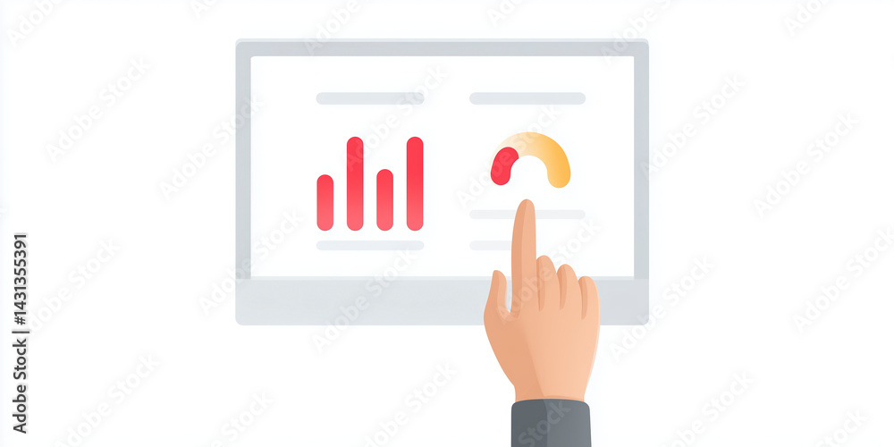 Poster hand pointing at digital screen displaying colorful graphs and performance metrics for data analysis